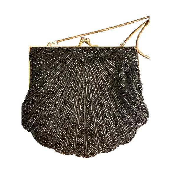 Carolyne Barton Black Beaded Clutch Purse With Gold Chain Strap & Clasp Closure - Picture 2 of 5